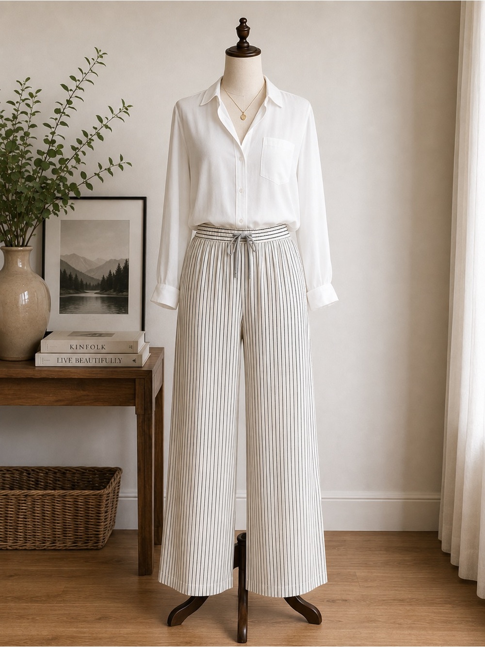 Zara Striped Wide Leg Pants Coastal Mediterranean Linen Look Relaxed Size L